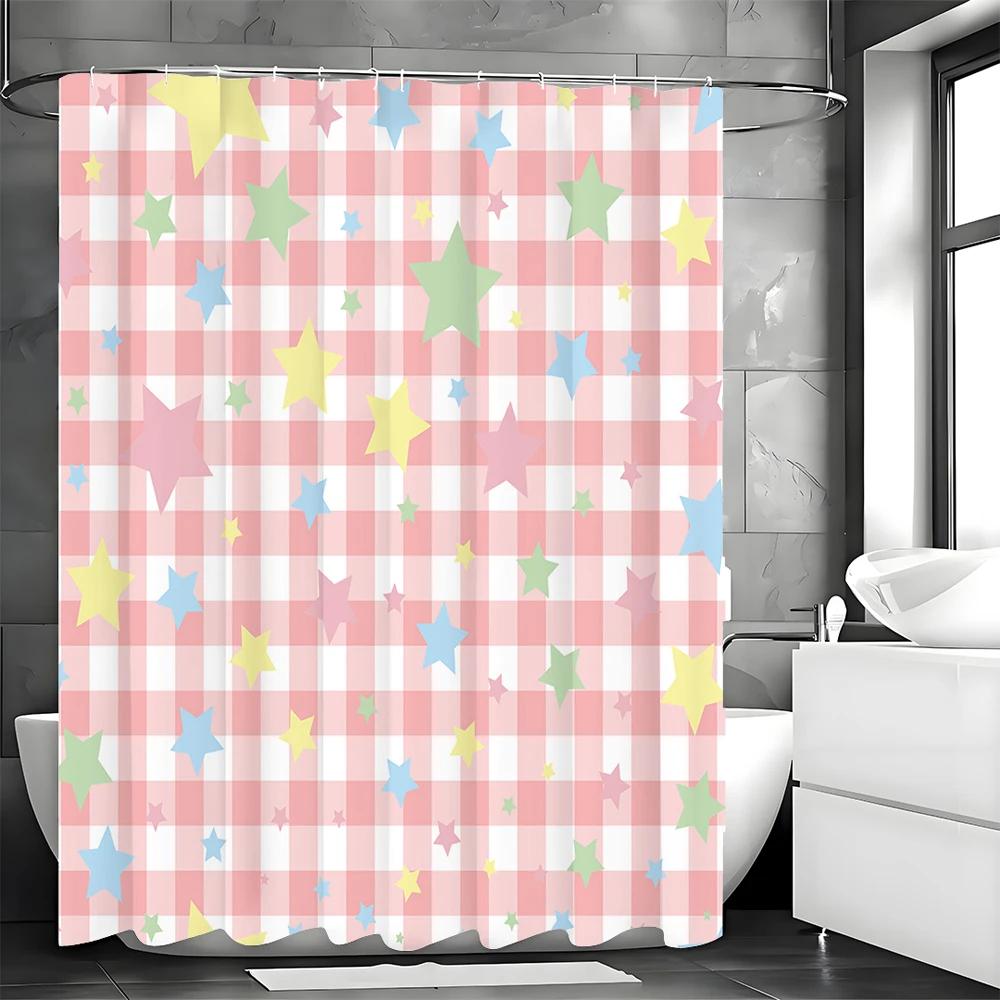 

Pink And White Checkered Colorful Stars Shower Curtain, Bathroom Decorative Shower Curtain, Waterproof Shower Curtain With Hooks W60H190(CM)-1 Pcs