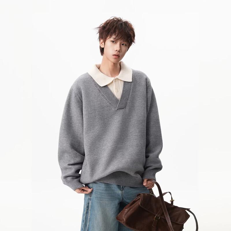 QOTRIOCK Men's Fake Two-Piece Lapel Knit Sweater