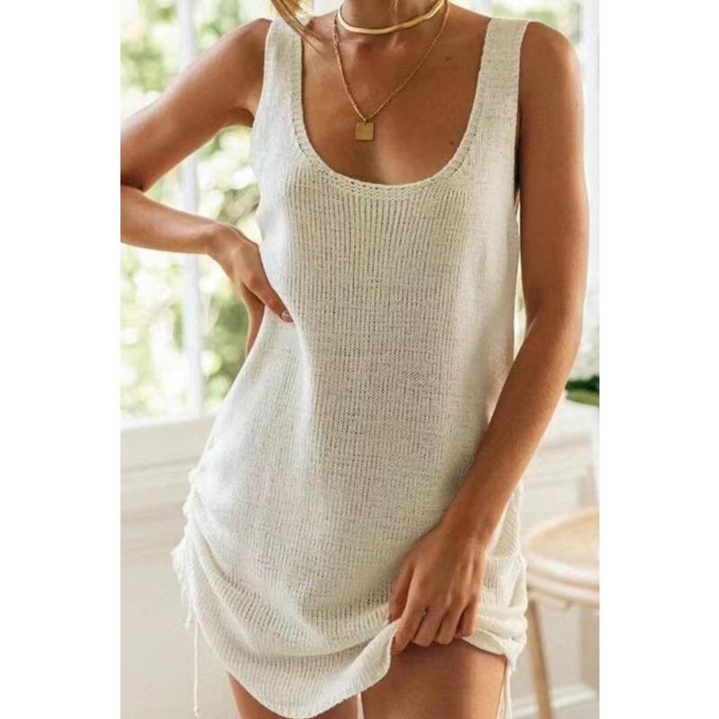 Mode Sexy Ärmellos Gestrickt Rückenfrei Kordelzug Kurzes Kleid Elegant Lässig Urlaub Strandparty Trägerkleid Locker Damen Dünnes Sommerkleid