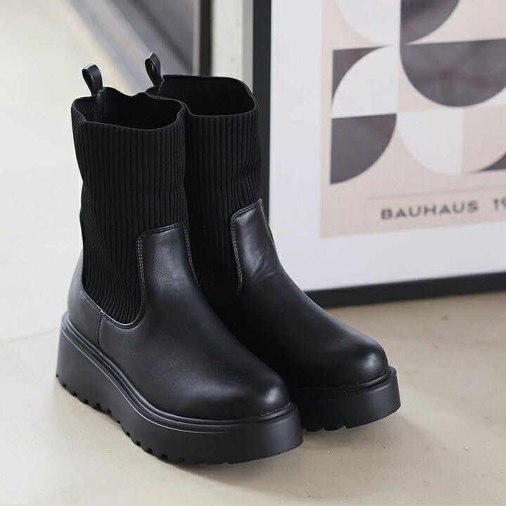 Vivian Women's Knit Boots, Platform Short, V6360AW, Beige, Size L (24.0-24.5)