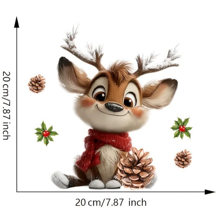 

1pc Christmas Reindeer Window Sticker Self-Adhesive Cheerful Reindeer Pine Cones Red Berries for Home Office Kitchen Bathroom