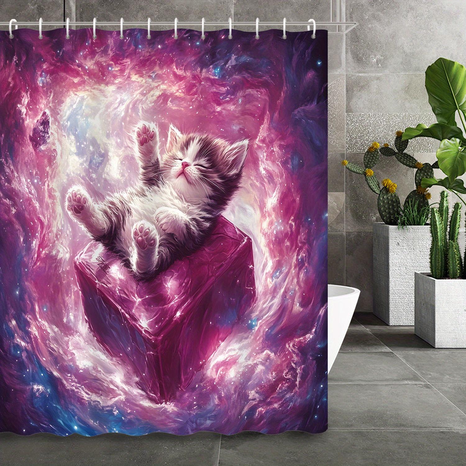 

Cute Cat Starry Sky Cloud Shower Curtain With 12 Hooks – Creative Art Partition & Bathroom Home Decor W60H190(CM)-1 Pcs
