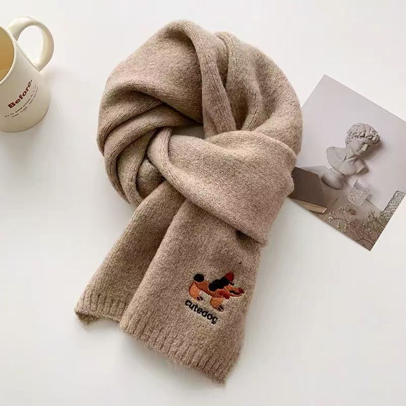 Japanese Cartoon Cute Embroidered Puppy Scarf Female Autumn and Winter Fashion Warm Student Versatile Knitted Neck Scarf