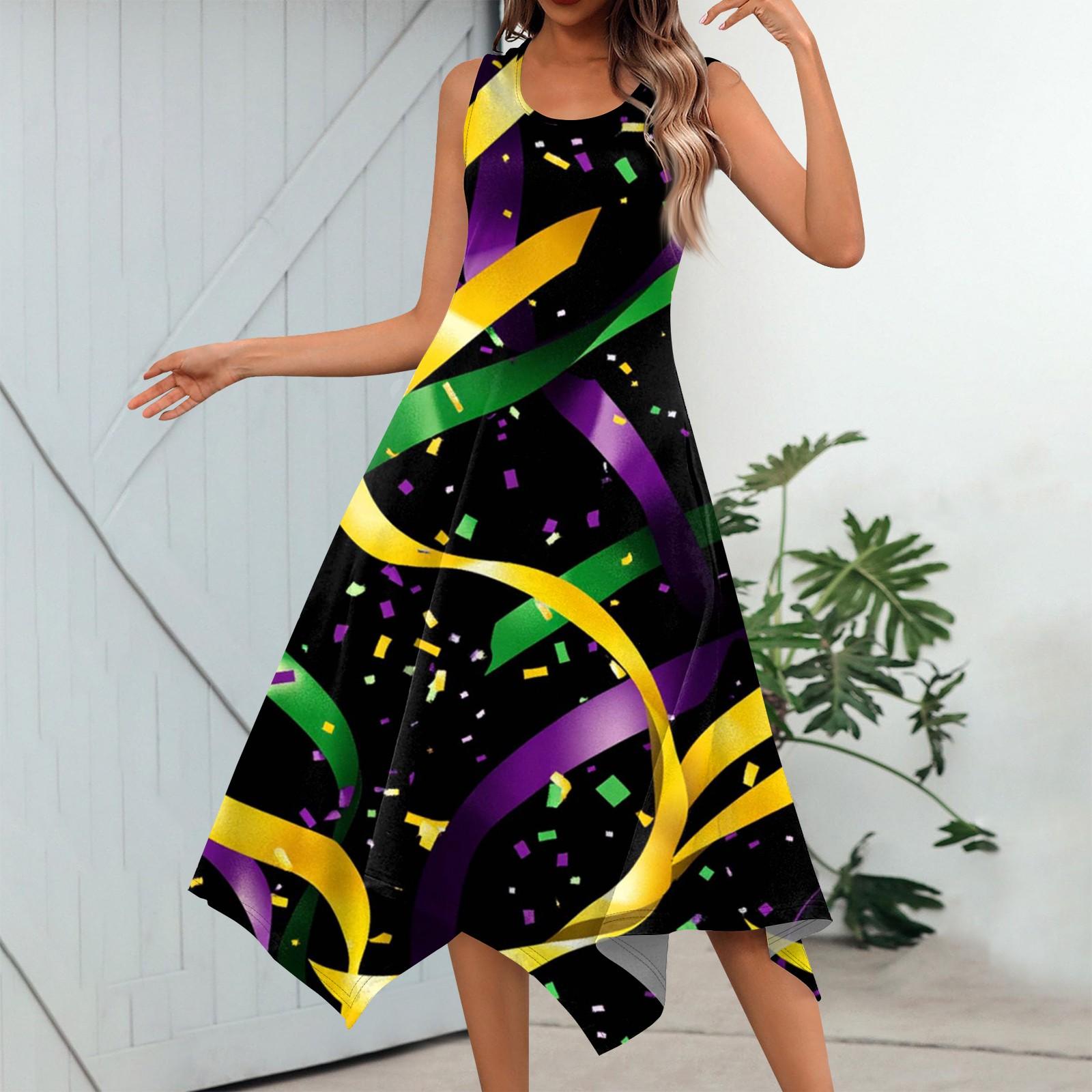 

Women s Casual Fashion Round Neck Sleeveless Print Irregular Hem Midi Dress XL жовтий