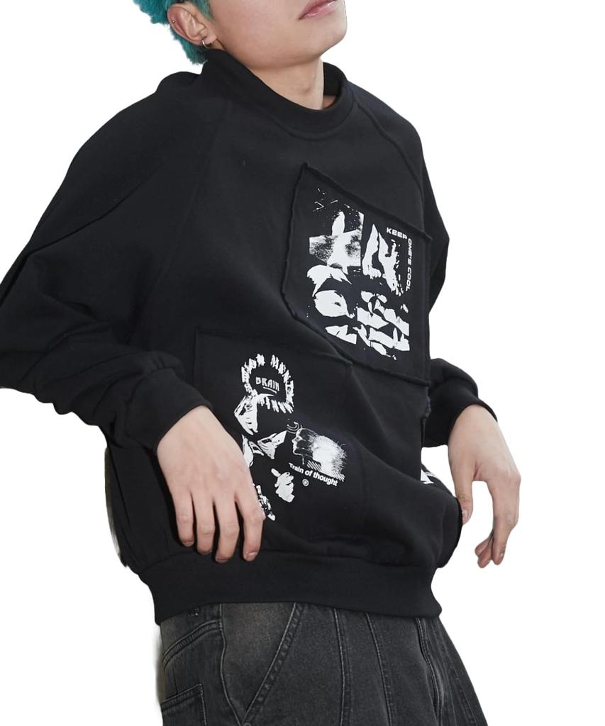WEGO Photo Paste Graphic Pullover Size Big Gift Men's Sweatshirt, M, Black, Streetwear, Casual, Silhouette, Spring, Autumn, Winter,