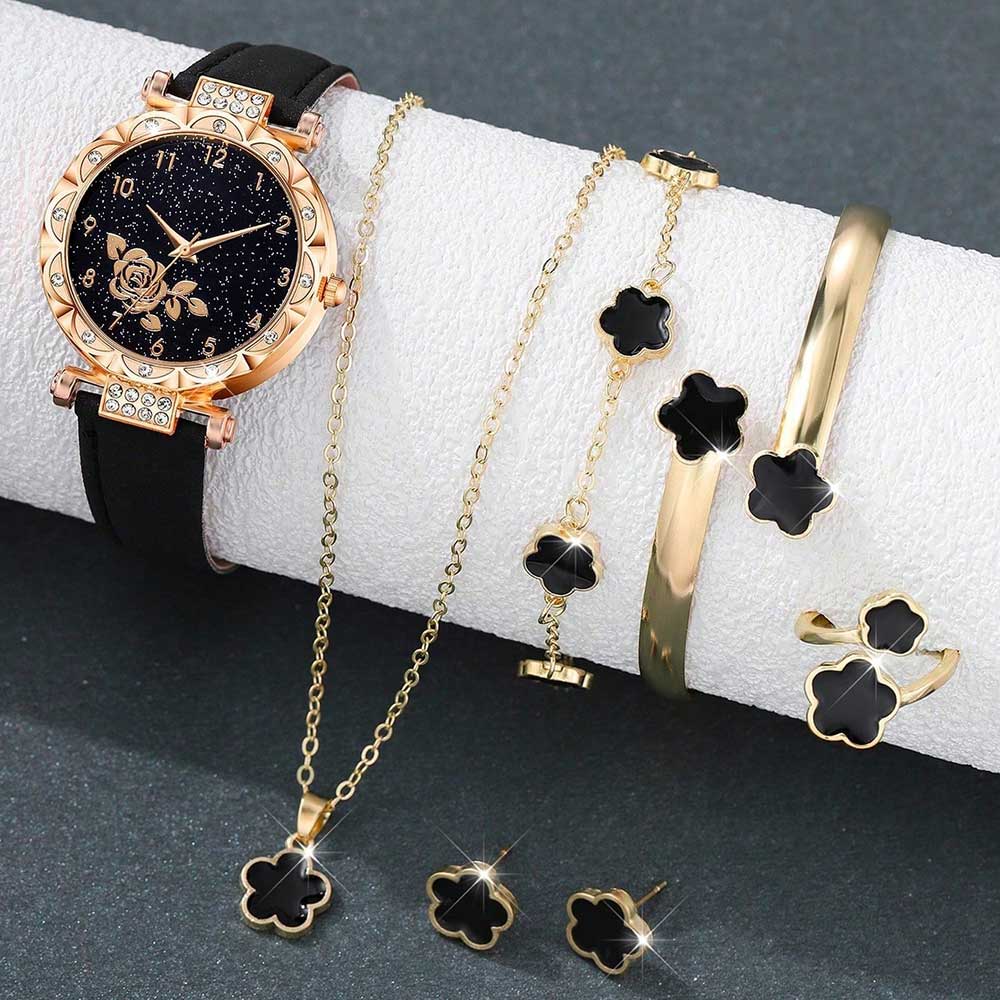 

7PC Women s Watch Set Fashionable and Elegant Flower Element Dial Quartz Watch Bracelet Necklace Ring Earrings Set Perfect Gift чёрный