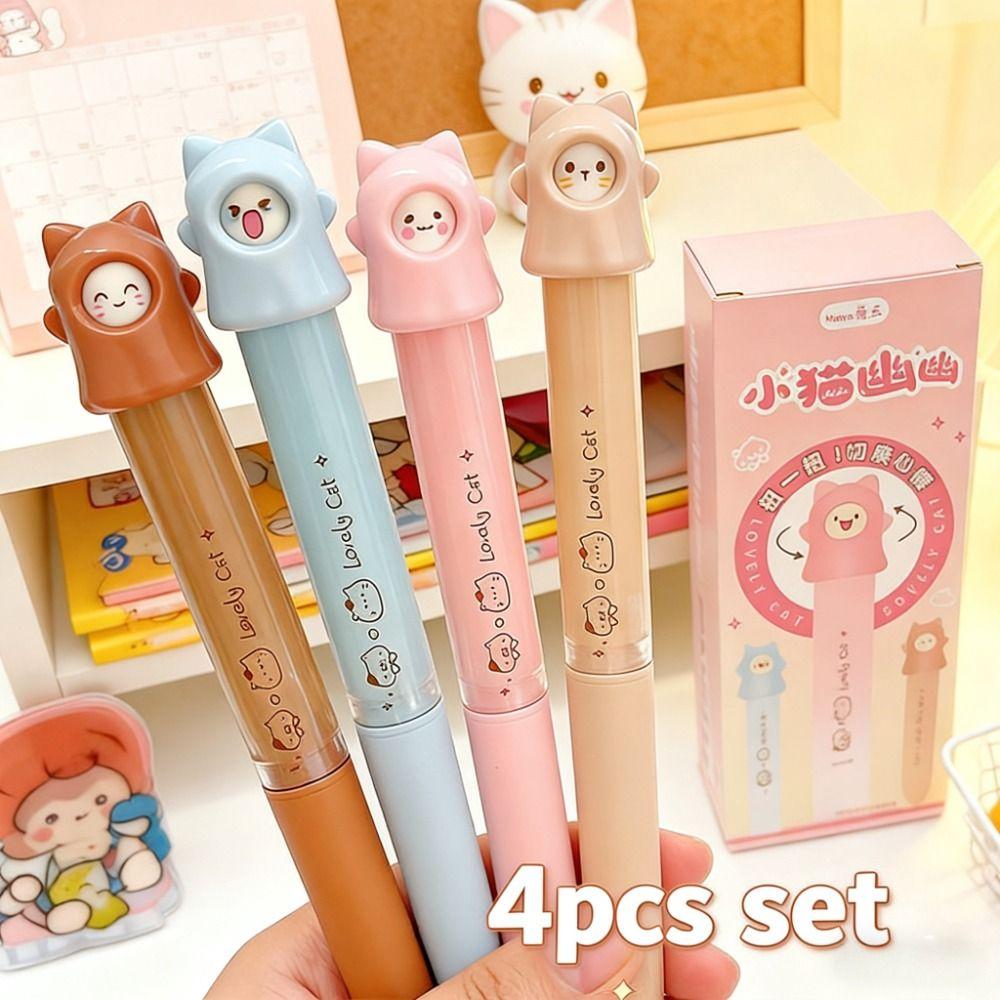 4Pcs Variable Moods Black Ink Exam Pens 0.5 Mm Kawaii Cartoon Pens New Cat Gel Pen Set Student