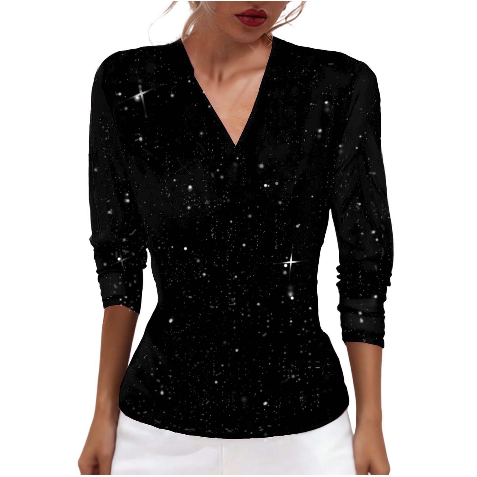 Women s Fashion Gold Foil-Embossed Shimmering Mesh V-Neck Loose-Fit Long-Sleeved Top L