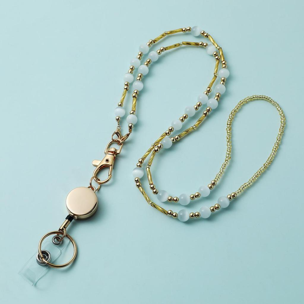 Crystal Stone Lanyard Necklace with Easy-Pull Buckle for ID and Keys