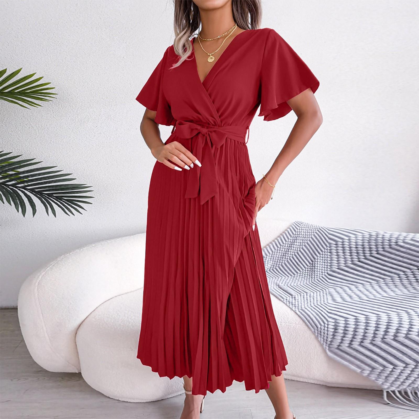 

Новое модное женское плиссированное длинное платье с V-образным вырезом и большим подолом XL красный