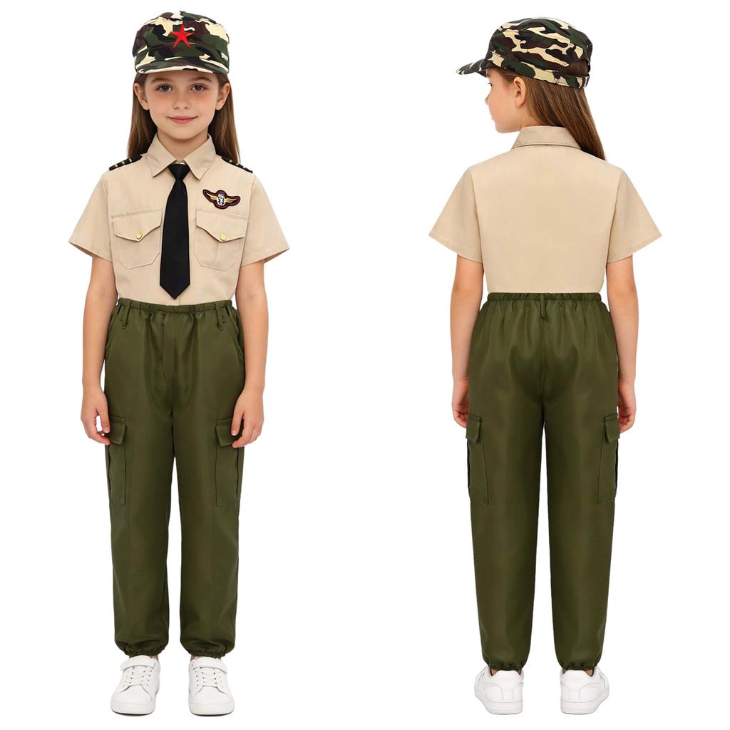 Kids Boys Girls Solider Military Uniforms Clothing Military Training Camp Outfit Short Sleeve Shirt Top with Pants Skirt Cap Tie