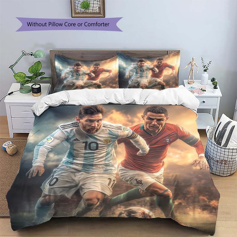 Messi Ronaldo 3pcs Duvet Cover Set, Football Star Print Bedding Set, Soft Microfiber Bed Cover with 2 Pillowcases for Soccer Fans Bedroom
