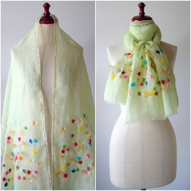 All Over the Linen Stole Embroidered Scarf Floral Ribbon Gauze Hemp Handmade Green [.a World] 100% Women's (Light Green)
