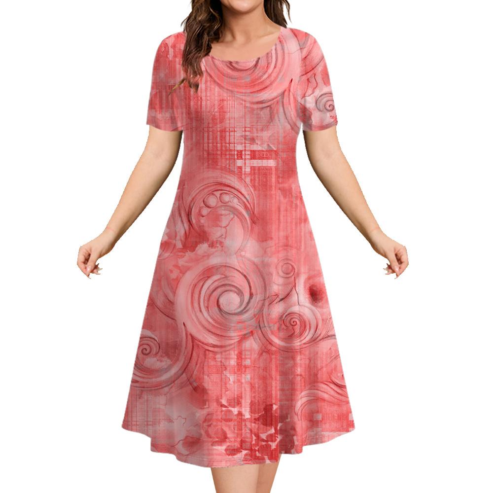 Summer Ladies Retro Casual Dress 3d Printing Loose Round Neck Short-sleeved Dress Suitable for Daily Wear