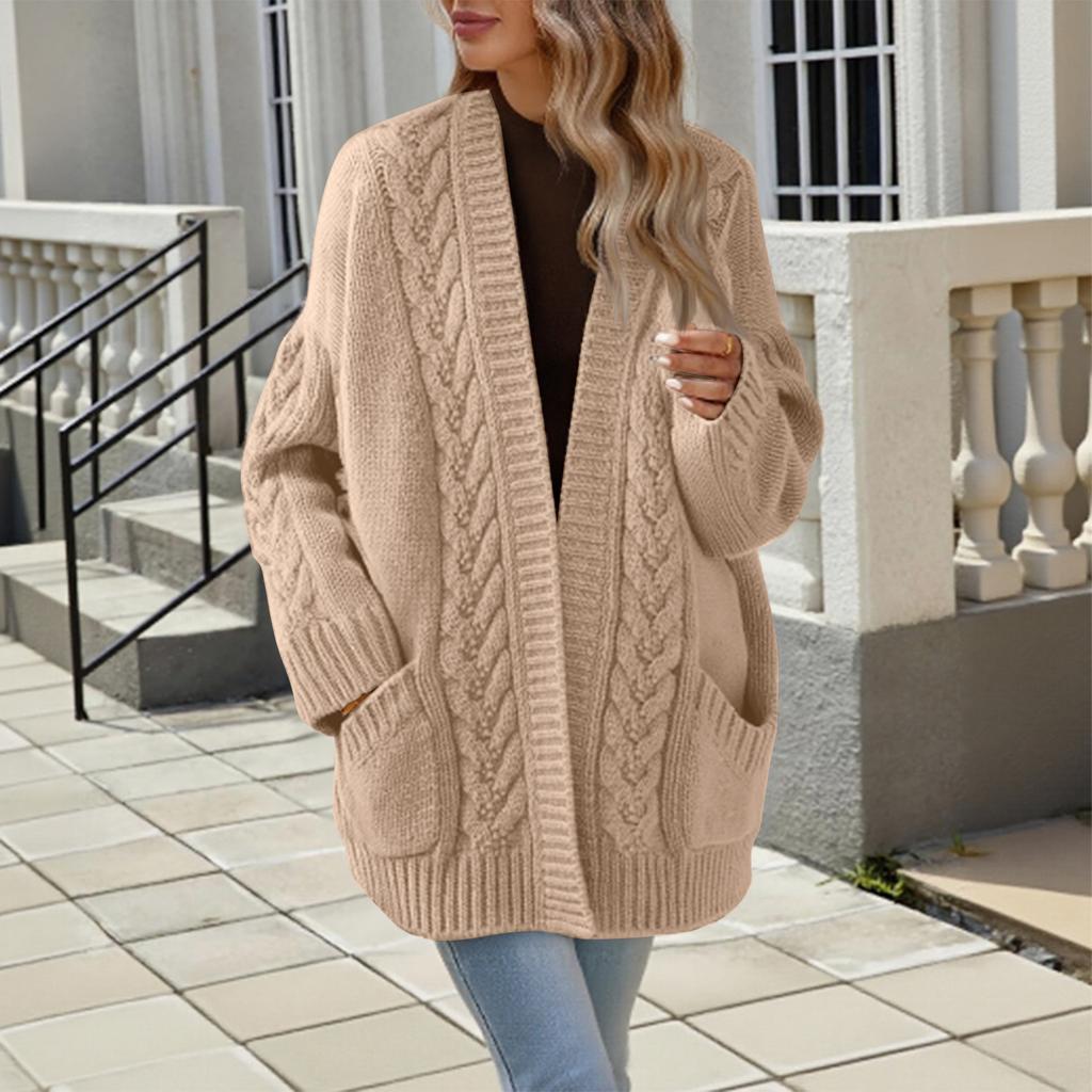 Ladies New Autum And Winter Loose Cable Knit Mid-length Sweater Coat