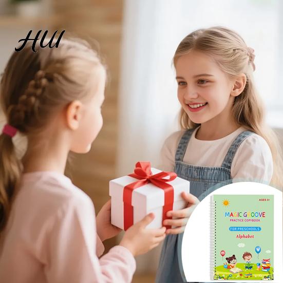 Kids Writing Practice 4Pcs Grooved Book with Pens Refills Pencil Gripper Reusable Handwriting Workbooks Alphabet Tracing Learning Children Workbook