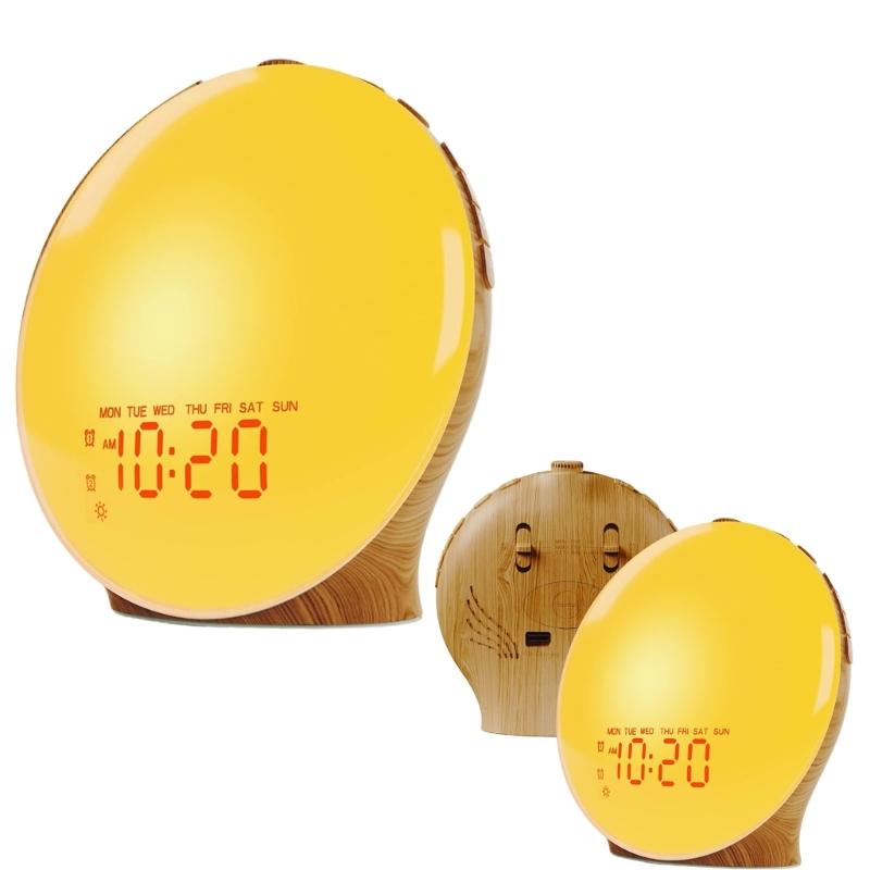 Sunrises Simulation Alarm Clock Wake Up Light with Adjustable Colorful Night Light Radio 2 Alarms Wood Grains Desk Clock