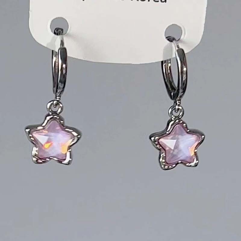 Kpop Y2K Pink Moonlight Stone Star Pendant Earrings For Women Egirl Fashion Sweet Crystal Star Ear Buckle Zircon Accessories