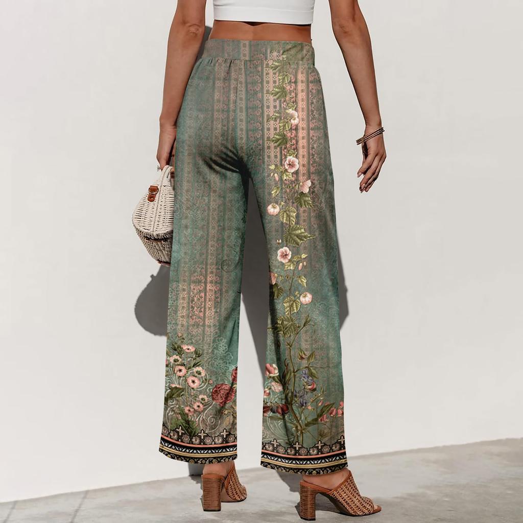 Damen Sommer Locker Sitzende Blumenmuster Weite Beine Hose Elastische Taille Knopfleiste Vorne Mit Taschen Lässig Bohemian Stil Hose