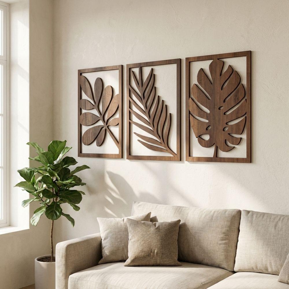3Pcs Artistic Wooden Tropical Leaves Wall Sign Rustic Plant Wall Ornament  Indoor Home Decor