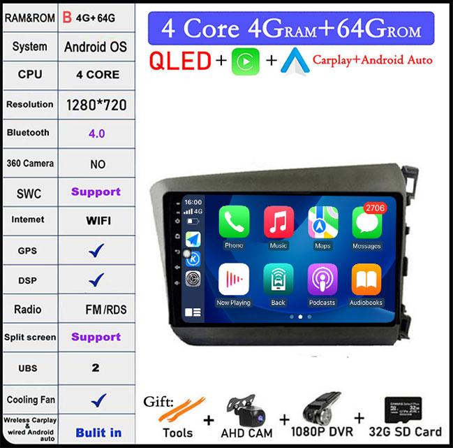 For HONDA INSIGHT 2 2009 2010 2011 2012 2013 2014 Android 14 Car Auto Radio Navi GPS Multimedia Player 4G+WIFI  Carplay Stereo