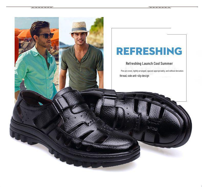 Męskie sandały z prawdziwej skóry z ażurowym wzorem - Oddychające letnie modne buty dla taty