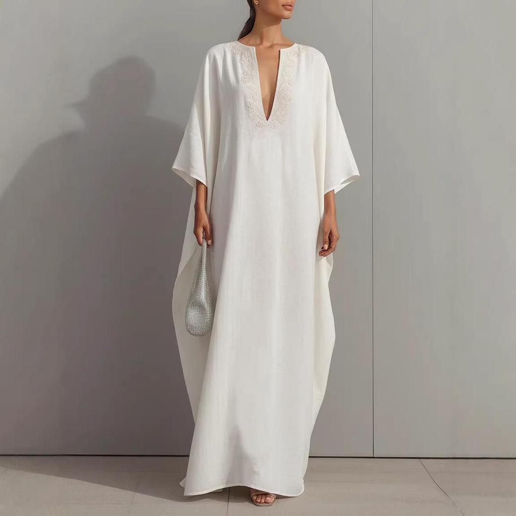 European and American V-Neck Loose Long Robe: Elegant Women's Kaftan Dress with New Style Print