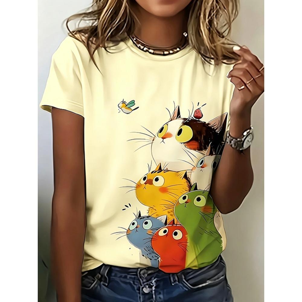 Colorful Stacked Cat Women's T-shirt - Cute Cartoon Cat Pattern