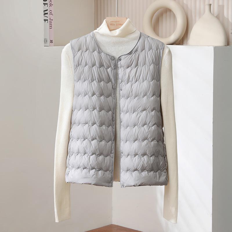 Women's Sleeveless Down Vest Round Neck Lightweight White Duck Down Warm Puffer Gilet Inner Wear Vest