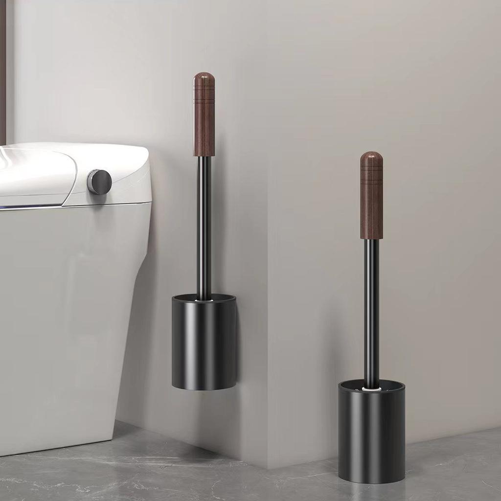 Black Aluminum Toilet Brush Set Walnut Long Handle Removable Wash Soft Bristle Cleaning Brush Wall Mounted Bathroom Accessories