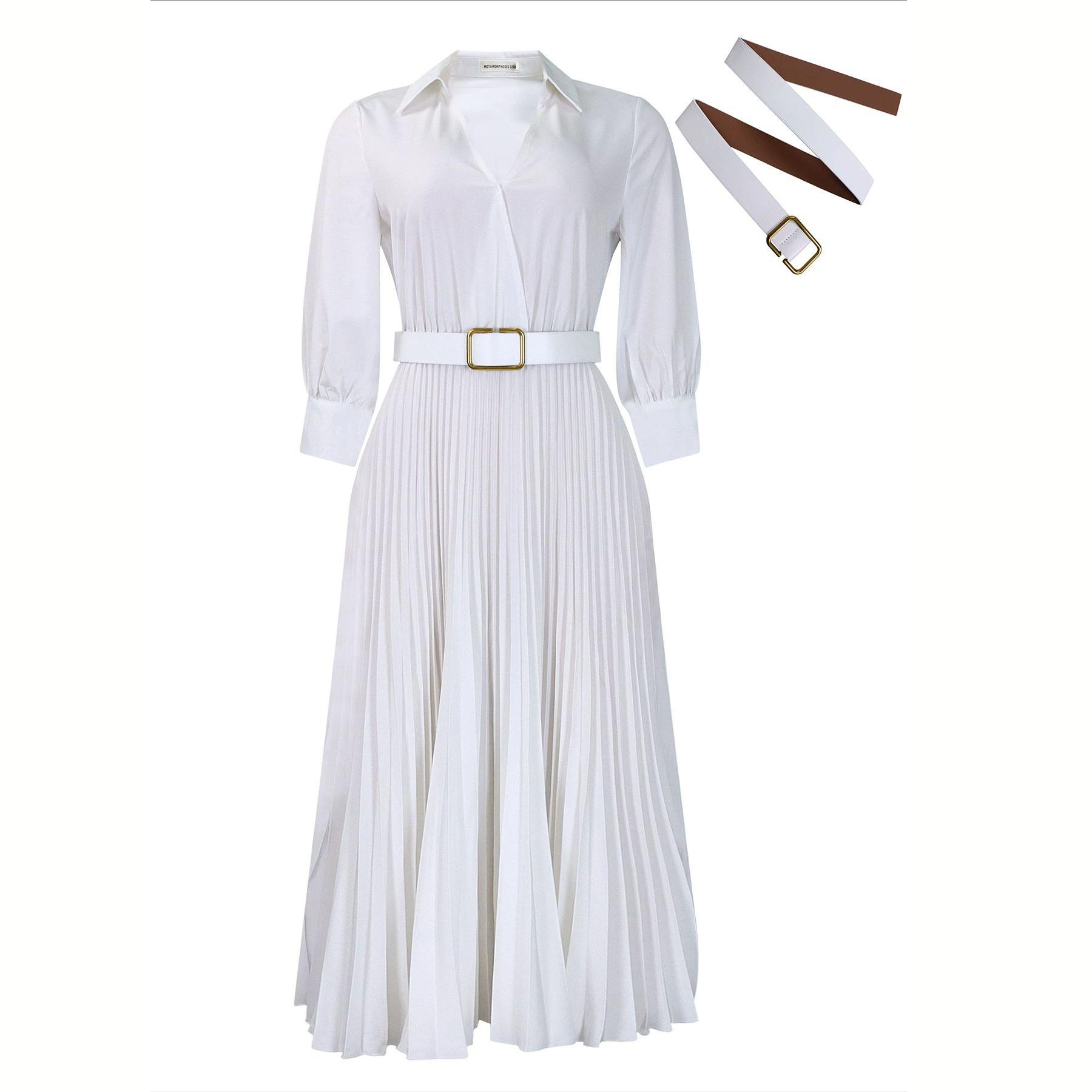 

Весна и осень Большие размеры Женские однотонные платья Длинные, с воротником-стойкой, плиссированные платья S белый