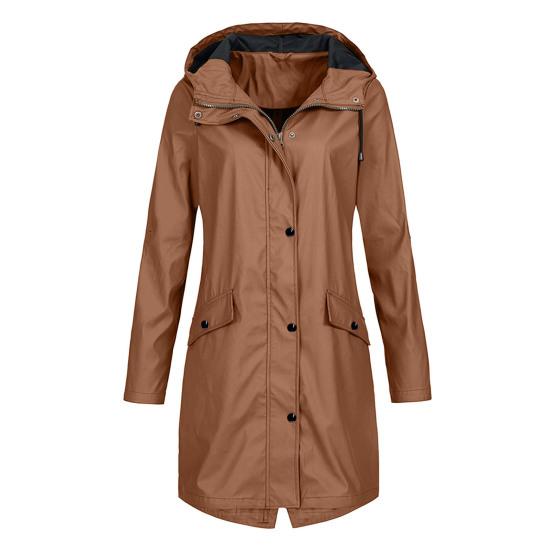 Women Autumn Winter Solid Color Rain Jacket Hooded Long Sleeve Buttons Zipper Placket Pockets Design Windproof Long Coat