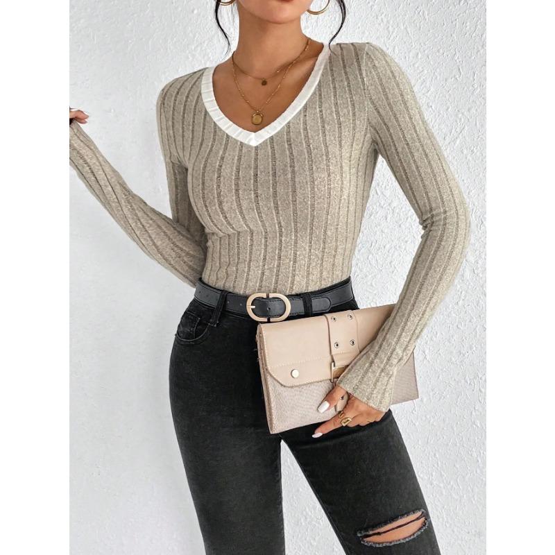 Women's Slim Sexy Knit Long Sleeve Top Women's V-Neck Neck Edge Clash Top New Autumn and Winter Women's Casual Pullover