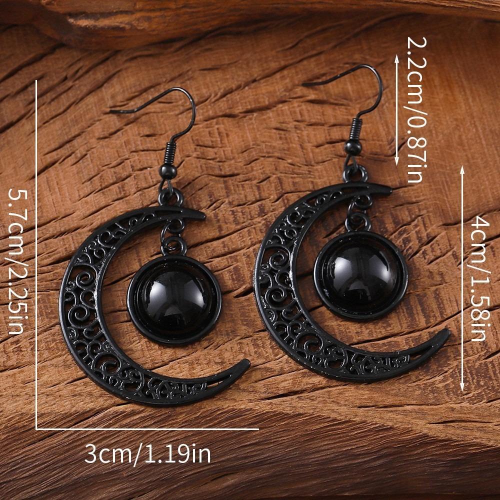Personality Goth Black Hollowed-out Crescent Moon Glass Crystal Pendant Dangle Earrings for Women Halloween Party Witch Jewelry