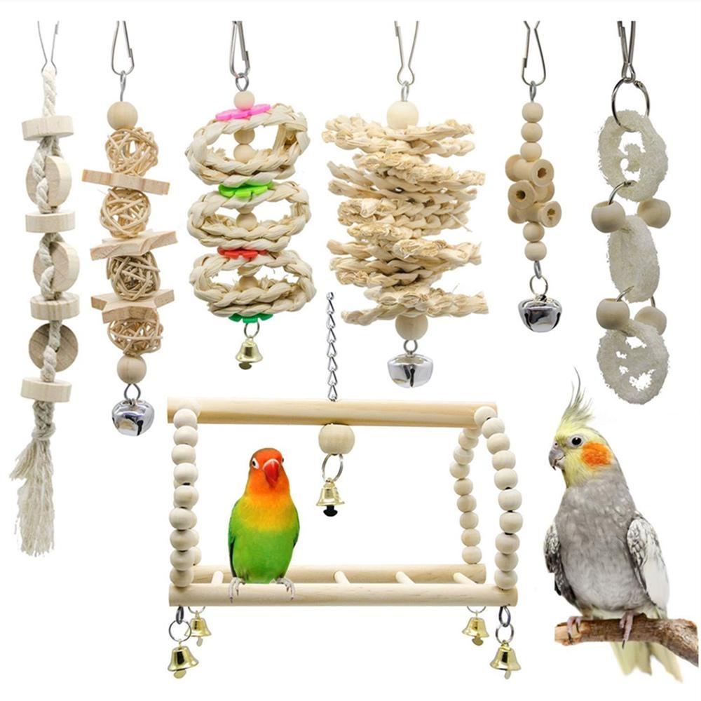 

7 шт./компл. качели для попугаев, жевательные игрушки, подвесной колокольчик, клетка для птиц, игрушки, подходящие для маленьких попугаев, корелл, зябликов, волнистых попугайчиков, влюбленных птиц 7Pcs/Set