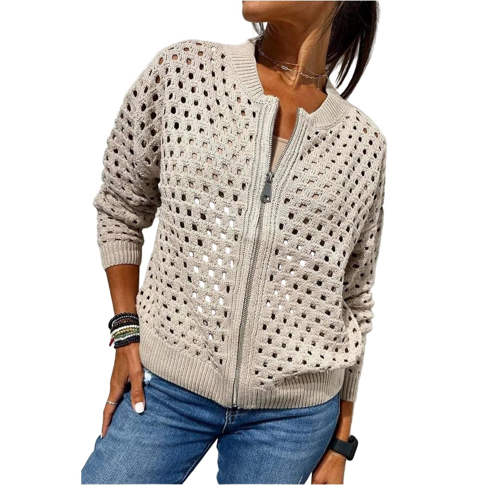 Women s Fashion Color Long Sleeved Hollow Zipper Casual Jacket S