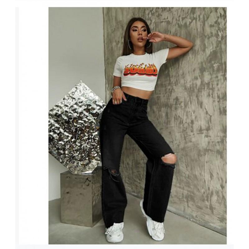 Womens High-Waisted Wide-Leg Distressed Denim Pants Loose Fit Cropped Trousers Streetwear Style