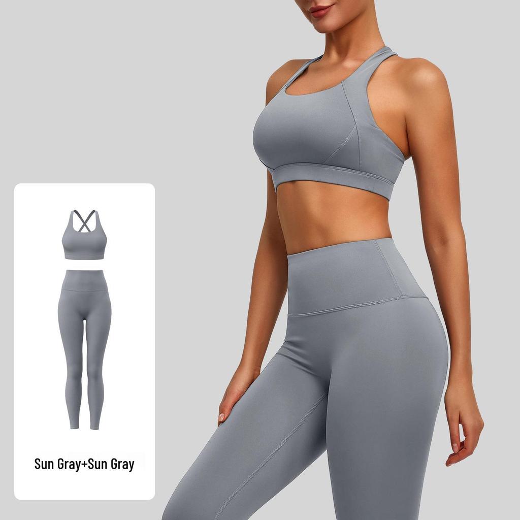 Set de Yoga cu Sutien Sport din Nailon Rezistent la Șocuri, Față-Spate și Pantaloni pe Nouă Puncte pentru Femei