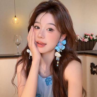 Blue Flower Tassel Earrings 1011 New Beautiful Exaggerated Earrings Petals Super Fairy Blue High Sense