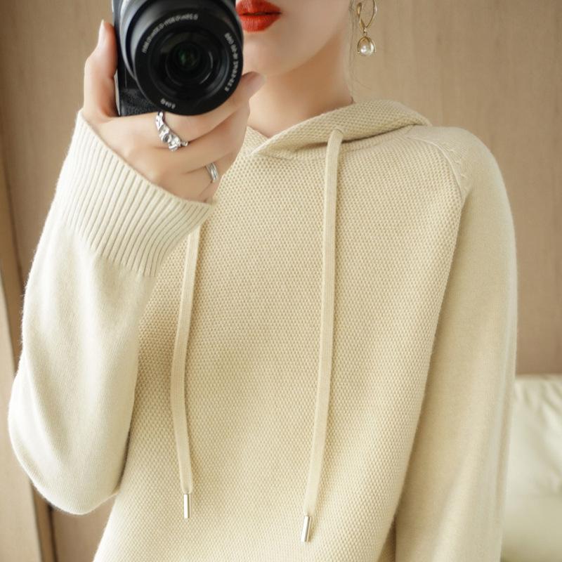 Autumn Winter Loose Casual Fashion Solid Color Hooded Sweater Women Pullover All-match Knitting Drawstring Top
