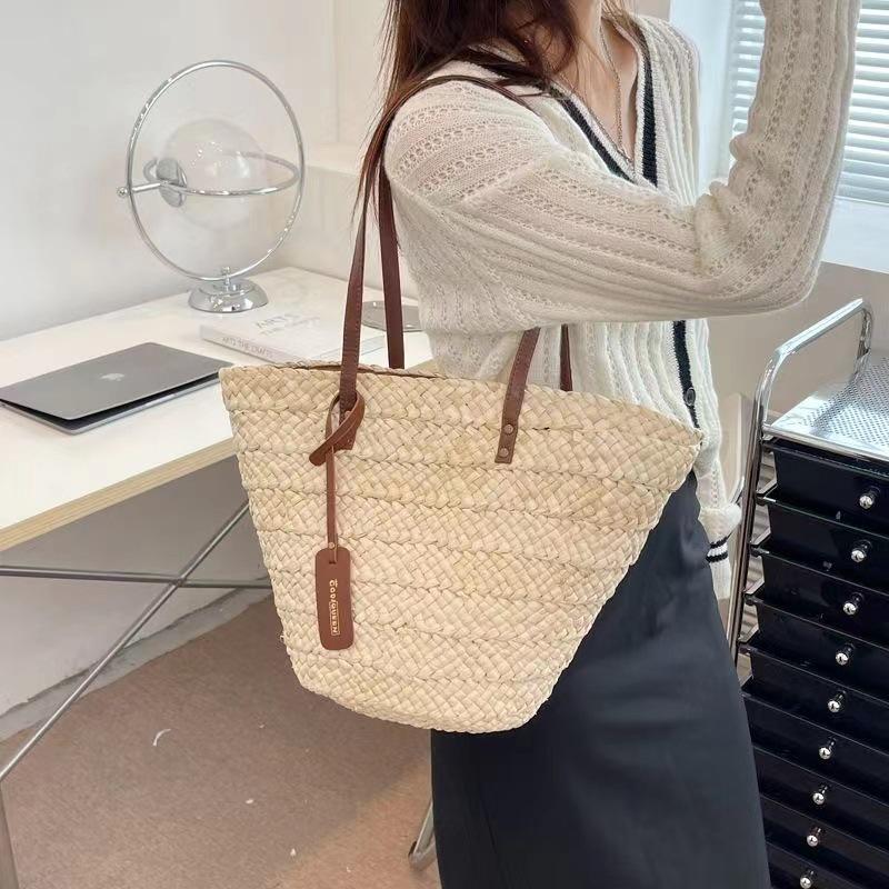 Vintage French Large Corn Husk Woven Tote – Handmade Straw Shoulder Bag for Women
