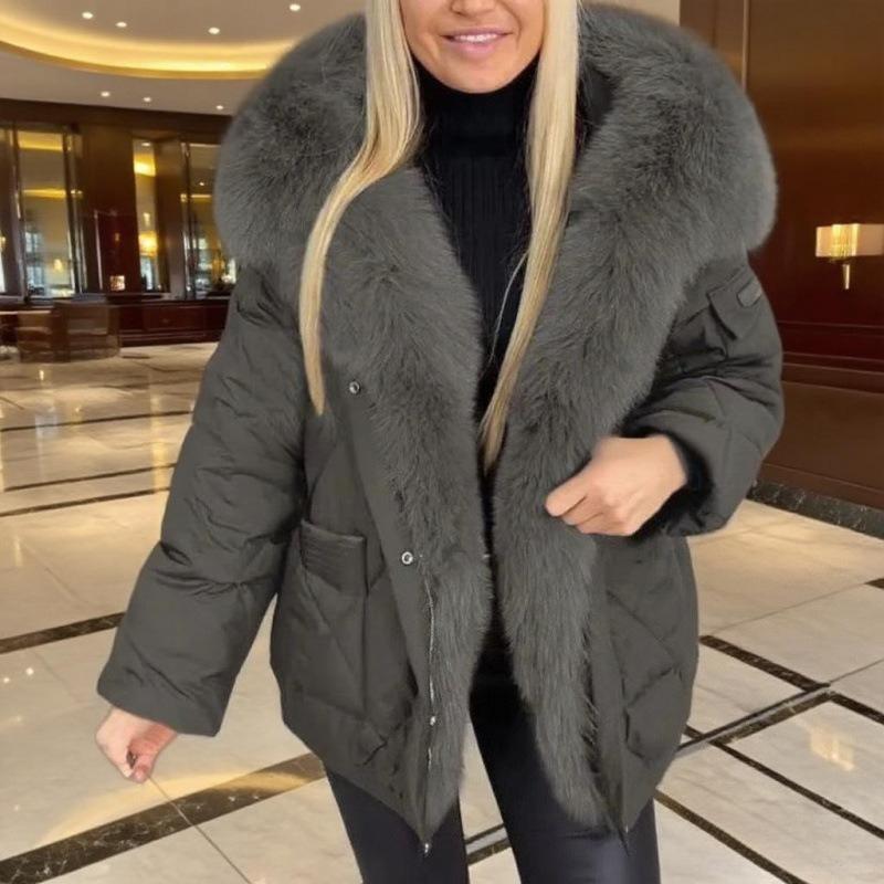 

Зимняя мода Меховой воротник Женский элегантный темперамент С капюшоном Средней длины Хлопковая одежда XXL