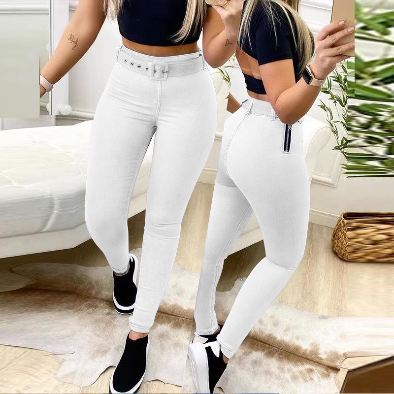 

Европейские женские эластичные брюки с высокой талией и поясом 2XL белый