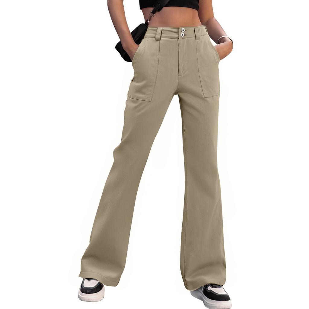 Women's Wide Leg Cargo Pants Flare Pants For Women Double Button Mid Waist Pants Trendy Fashion Casual Pants