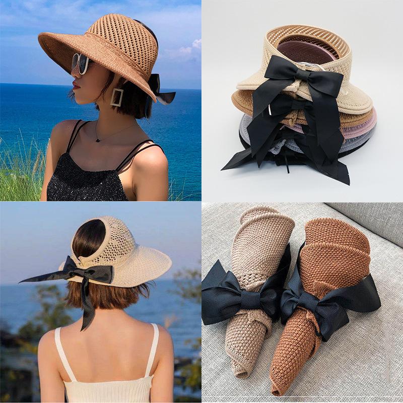 Summer Women Empty Top Hat Wide Brim Bowknot Straw Hats For Ladies Foldable Beach Sunscreen Cap