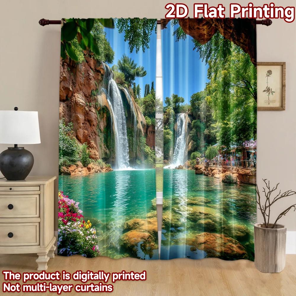 2D Flat Printing 2pcs Party Window Curtains Beautiful Waterfall Nature Scenery Digital Printed Polyester Drapes Festive Holiday