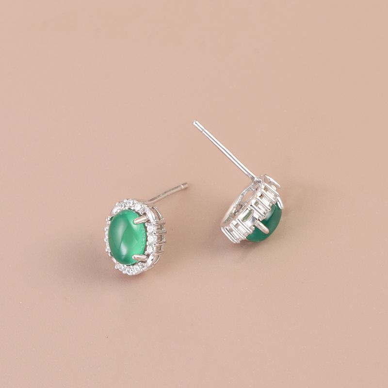 Natural Green Chalcedony & Rhinestone Stud Earrings in S925 Sterling Silver for Women's Elegant Daily Wear