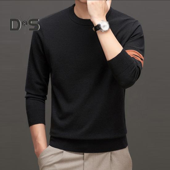 Męski sweter na jesień i zimę z elastycznymi mankietami i obszyciem, okrągłym dekoltem, pogrubiony, utrzymujący ciepło, jednokolorowy, długie rękawy, średniej długości góra