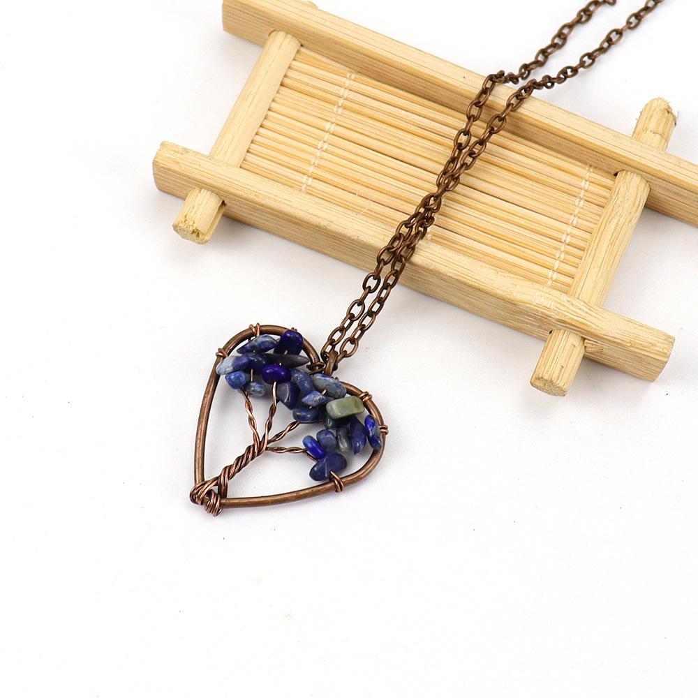 Vintage Hand-Wound Natural Stone Crystal Heart-Shaped Tree Of Life Curved Tree Necklace N142