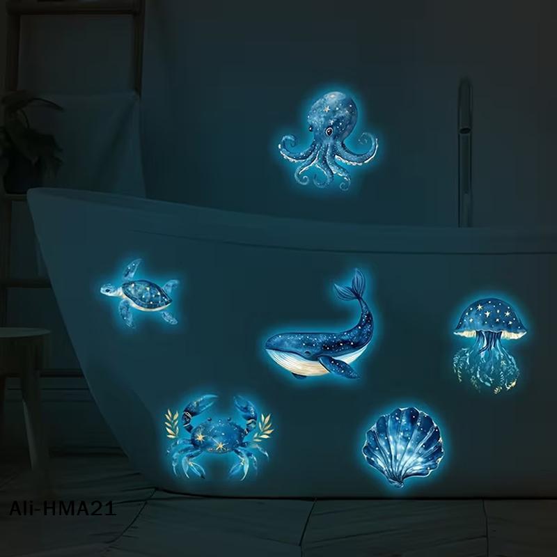 Marine Life Luminescent Glass Stickers Glow-in-the-Dark Toilet Sticker Self-Adhesive Removable Wall Sticker Car Sticker